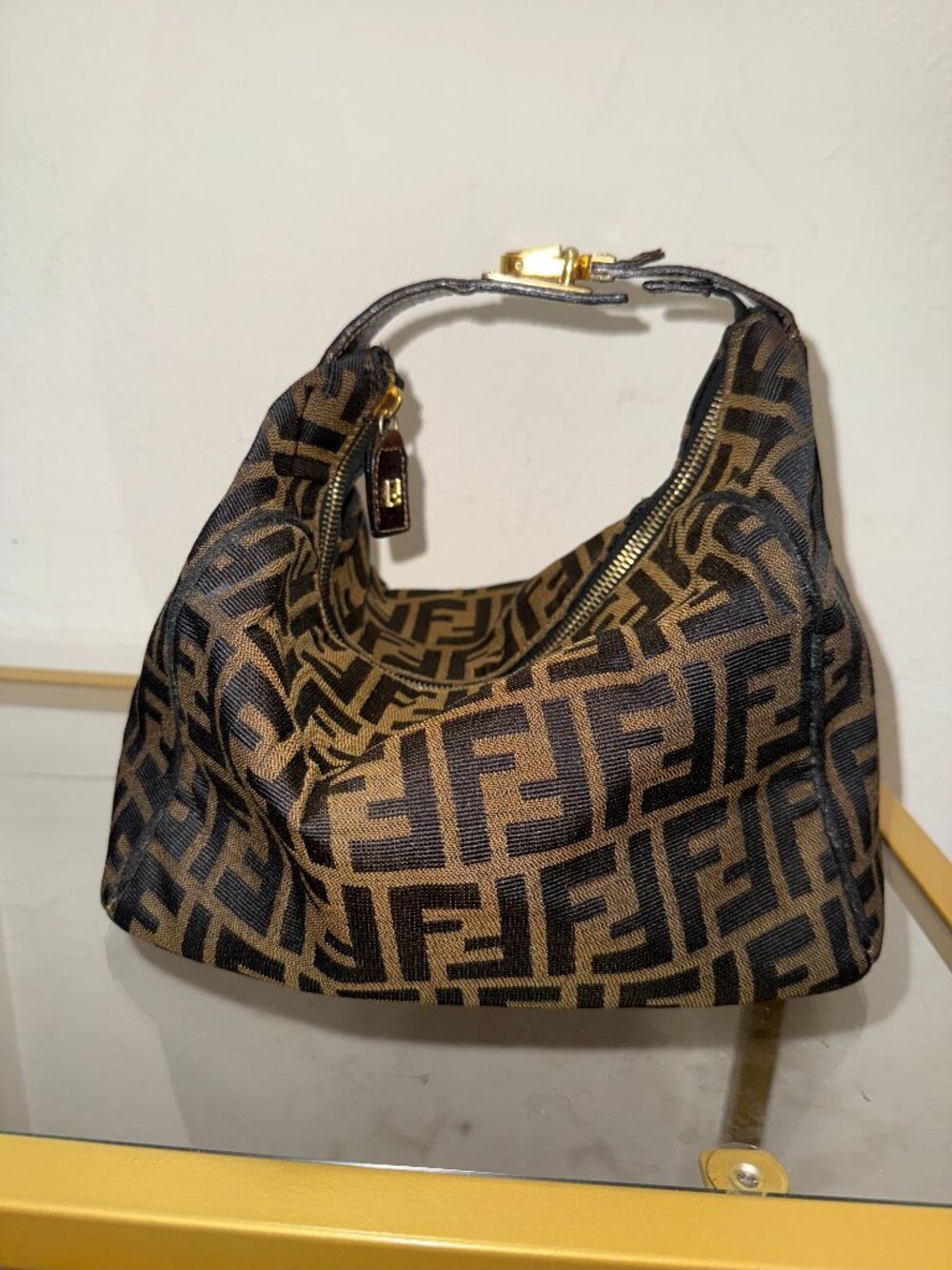 Authentic FENDI Zucca Canvas Top Handle Arm Vanity Bag Black Brown
